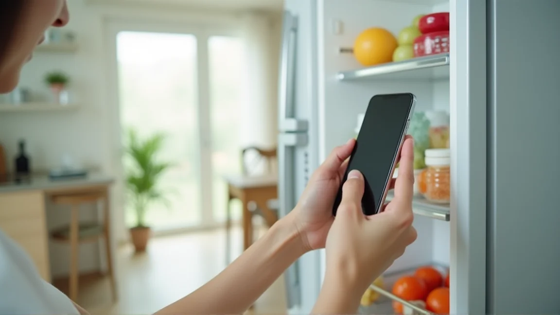 冷蔵庫の扉を開けてスマホを入れようとする手を止める様子