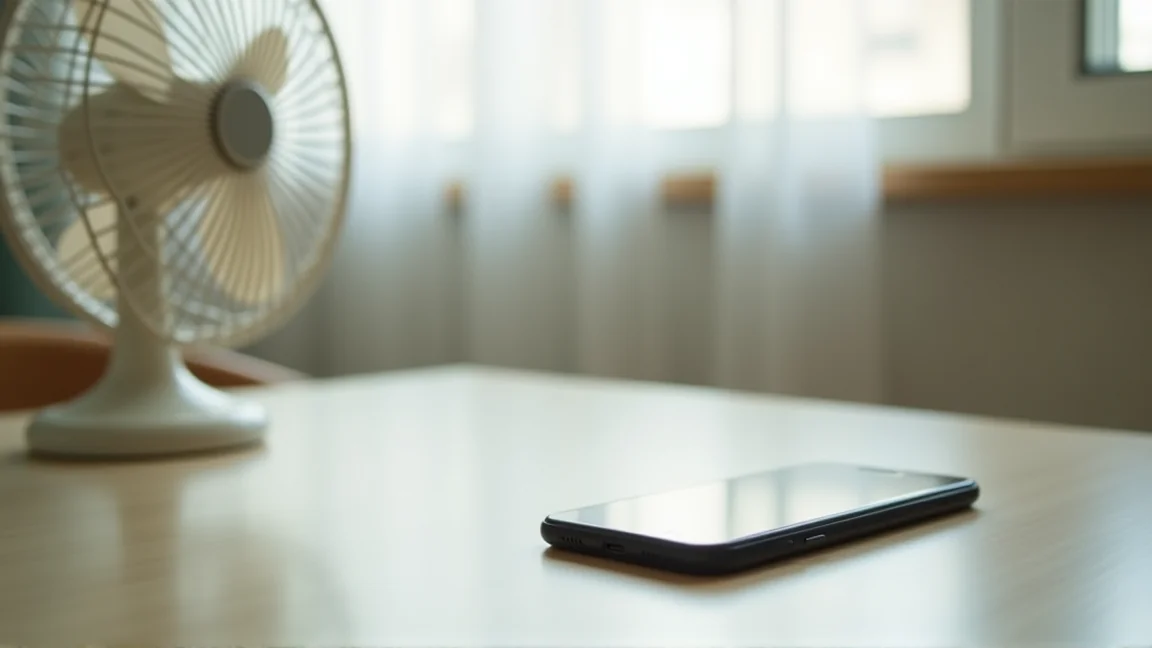 涼しい部屋で扇風機の風の近くに平置きされたスマホ