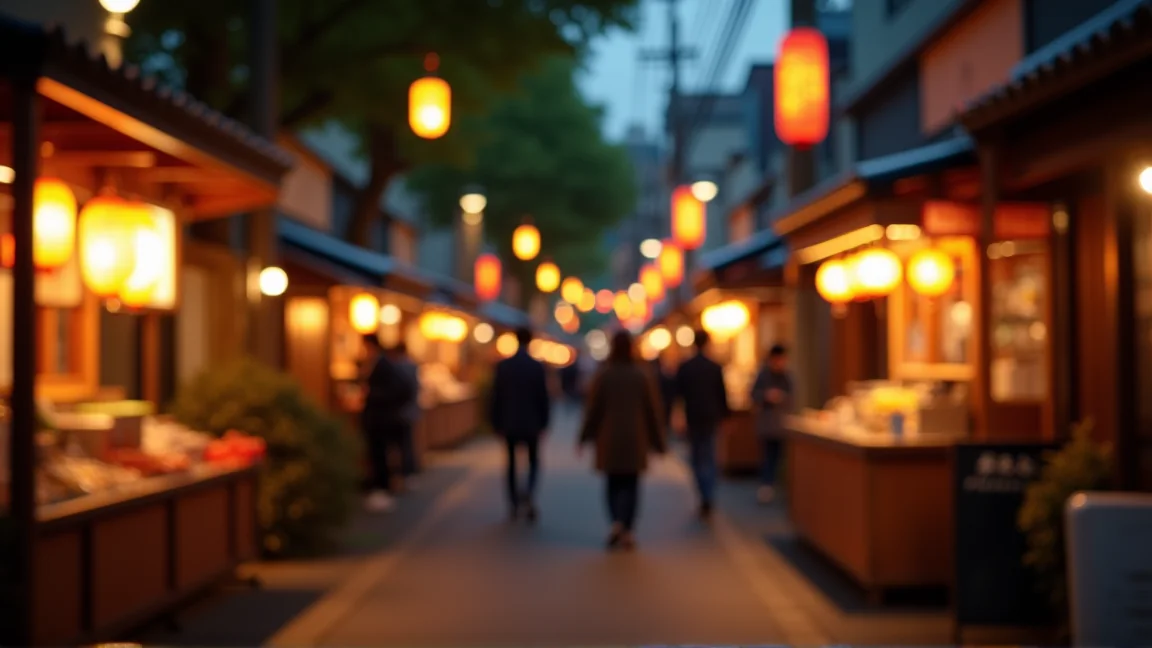 夜の花火大会会場から帰る人々と屋台の灯り