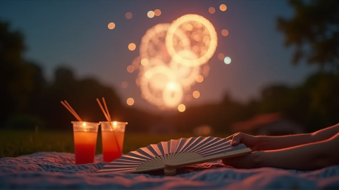 レジャーシートに座って夜空の花火を見上げる様子