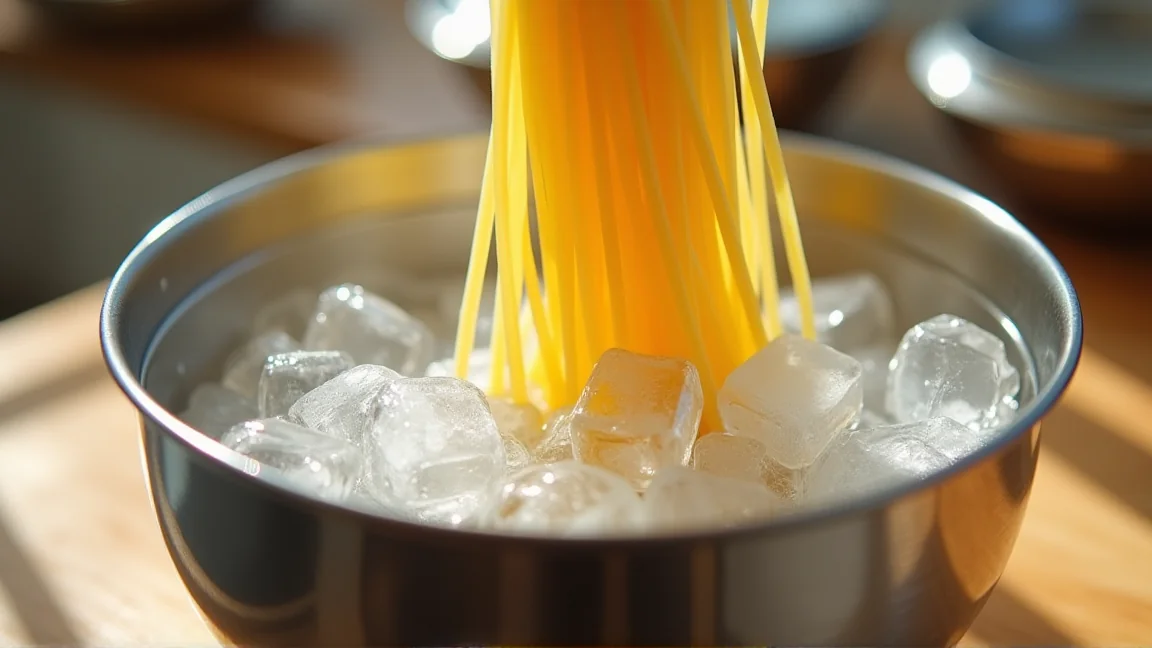 氷水で冷製パスタを締めている様子