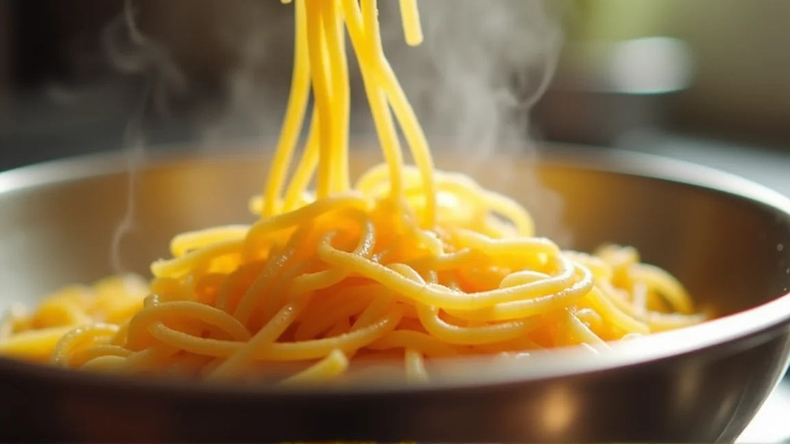 茹で上がった冷製パスタ用の麺の表面のアップ
