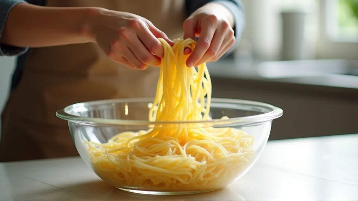ボウルで冷製パスタにオリーブオイルをからめる手元