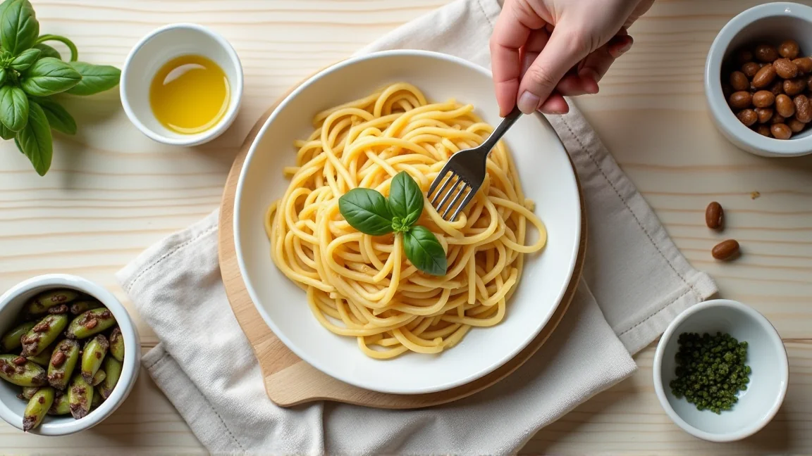 冷製パスタの盛り付けとトッピングの俯瞰
