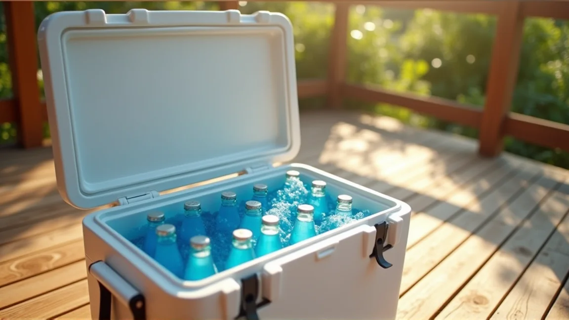 クーラーボックスに保冷剤と飲み物を詰める準備