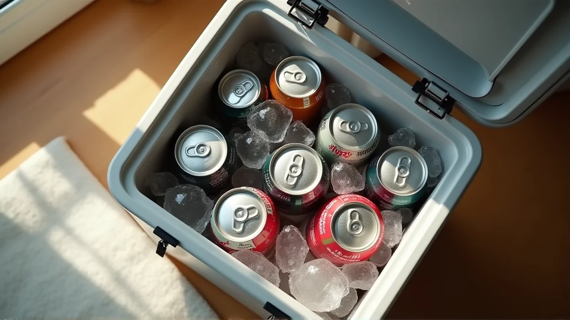 たっぷりの保冷剤を並べたクーラーボックスの中身