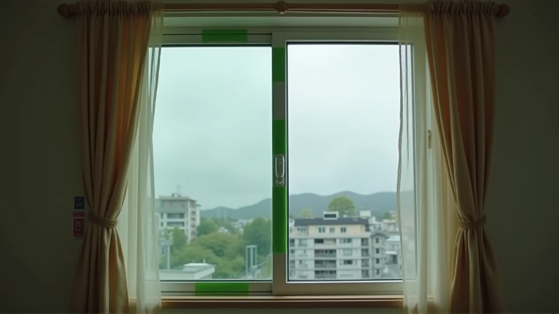 台風に備えて養生テープを貼った日本の住宅の窓辺