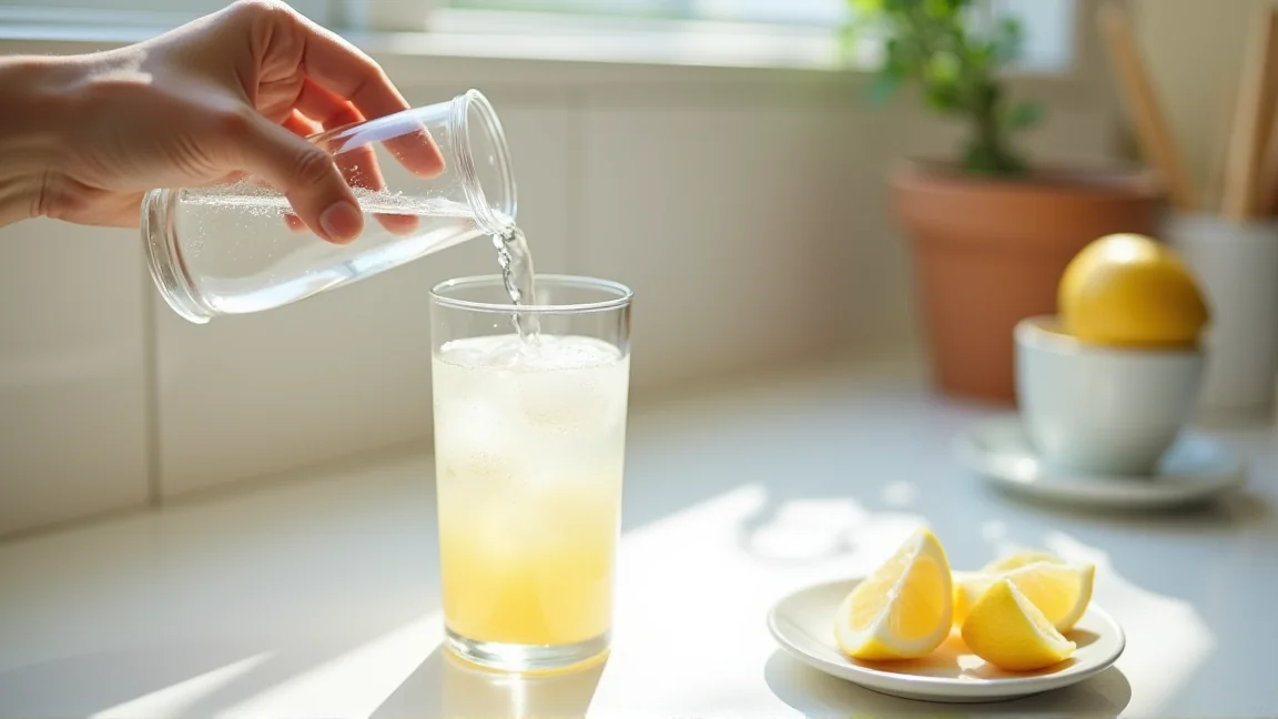 冷やし甘酒に炭酸水を注ぐ手元