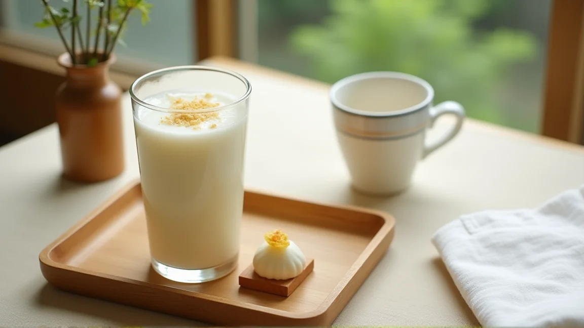 夏のテーブルに置かれた冷やし甘酒と和菓子
