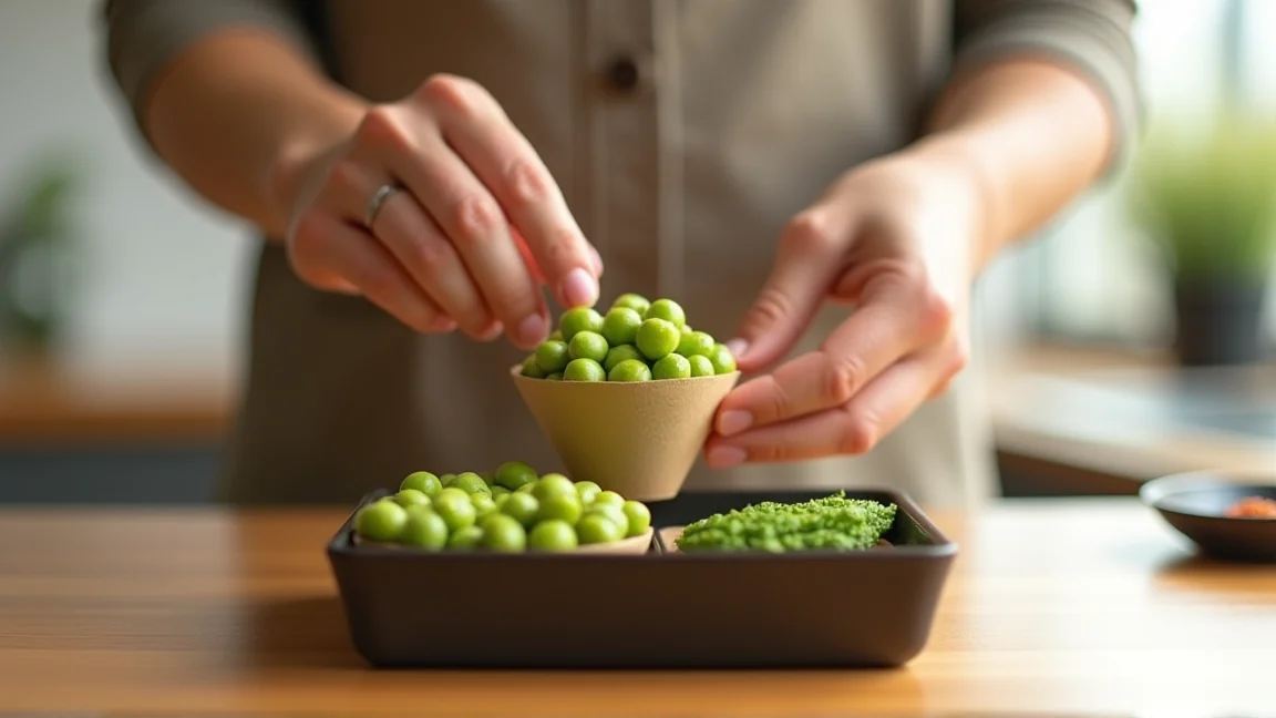 凍ったままの枝豆をおかずカップに入れてお弁当箱に詰める手元