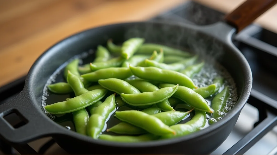 鍋で枝豆を塩ゆでしている様子