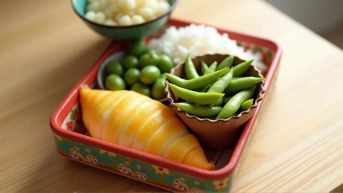 枝豆入りの彩りのよい夏のお弁当の俯瞰