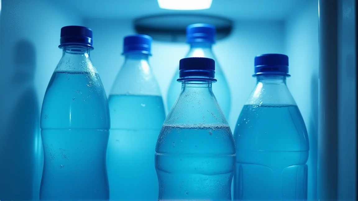 冷凍庫の中で結露したペットボトル飲料が立ち並ぶ様子