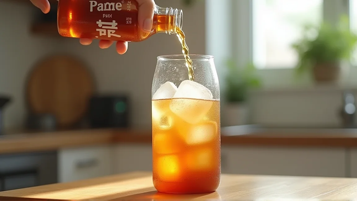 氷を入れた水筒に麦茶を注ぐ様子