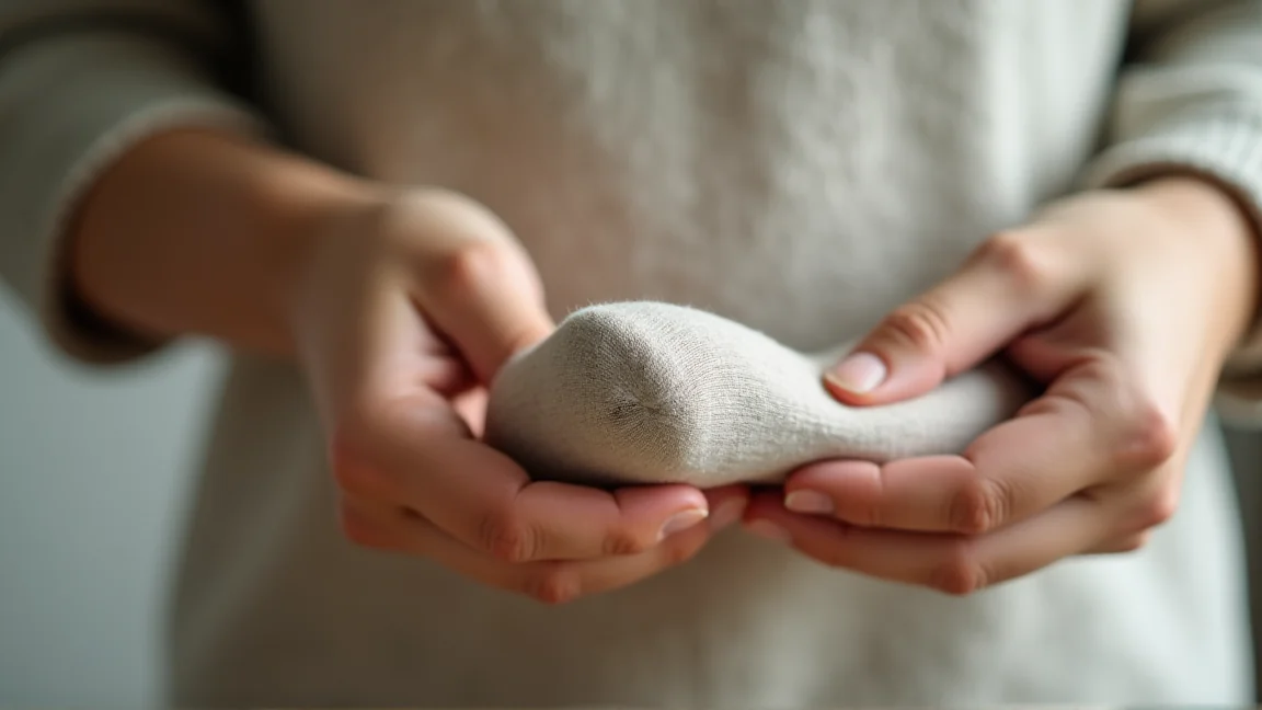 かかとに小さな穴が開いた靴下を手に持って確認している様子