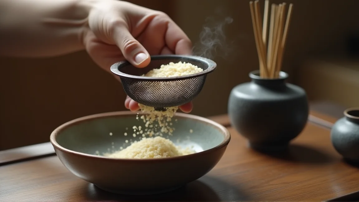 香炉の灰を茶こしでふるって整えている様子
