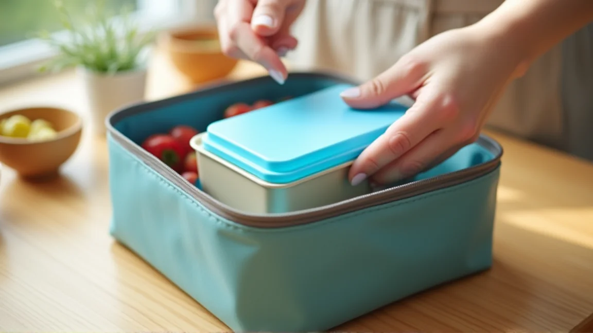 弁当箱の上に保冷剤をのせて保冷バッグに入れる手元