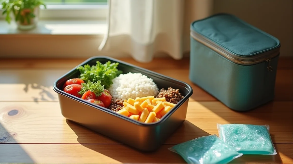 保冷剤とおかずを詰めた弁当箱を並べたキッチン