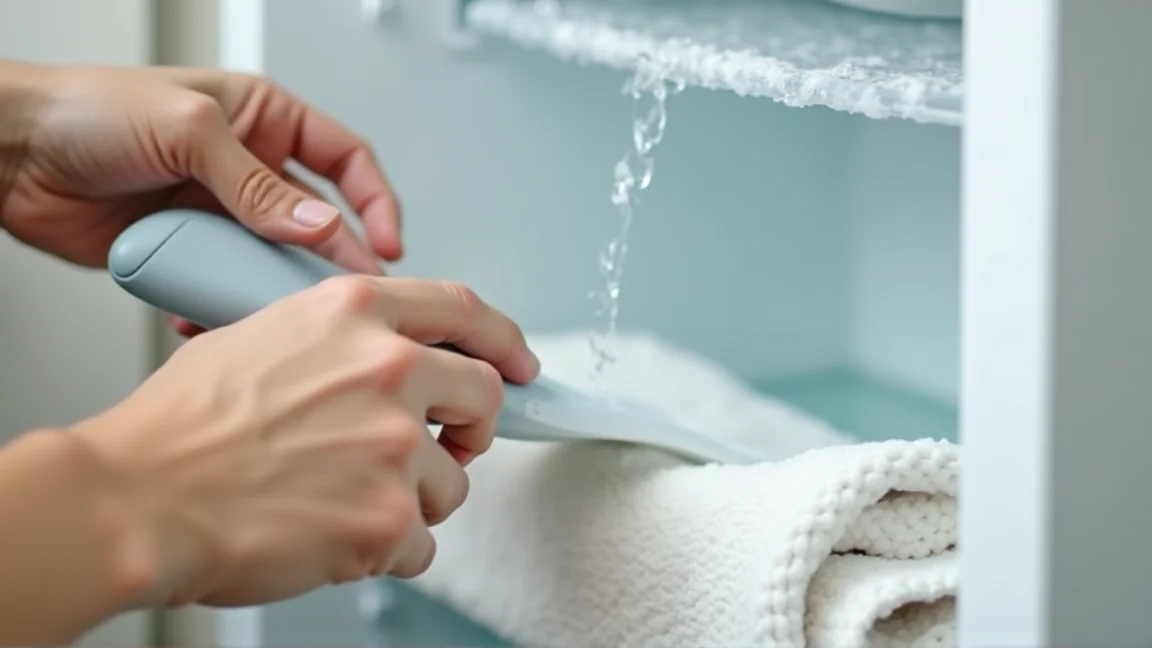 プラスチックのヘラで冷凍庫の霜をこそげ落とす手元
