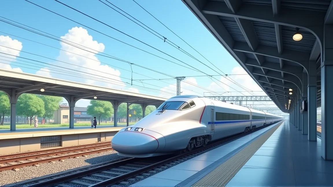 夏の駅のホームに停車する新幹線