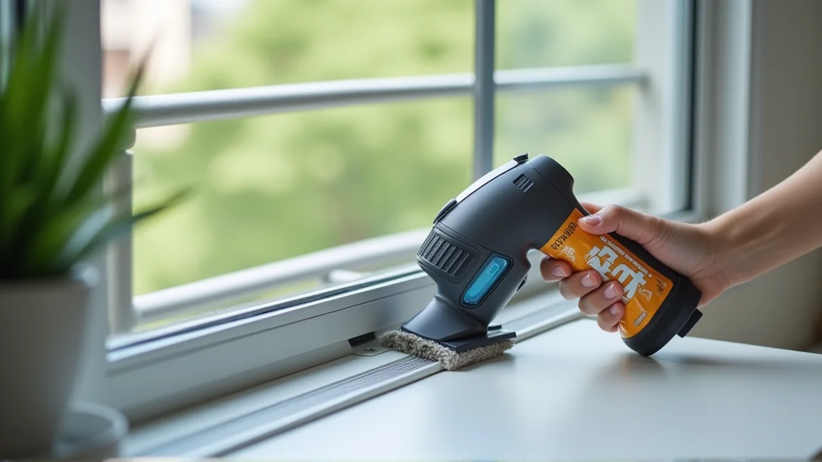 コードレス掃除機とウェットシートでサッシの溝と手すりを掃除する様子