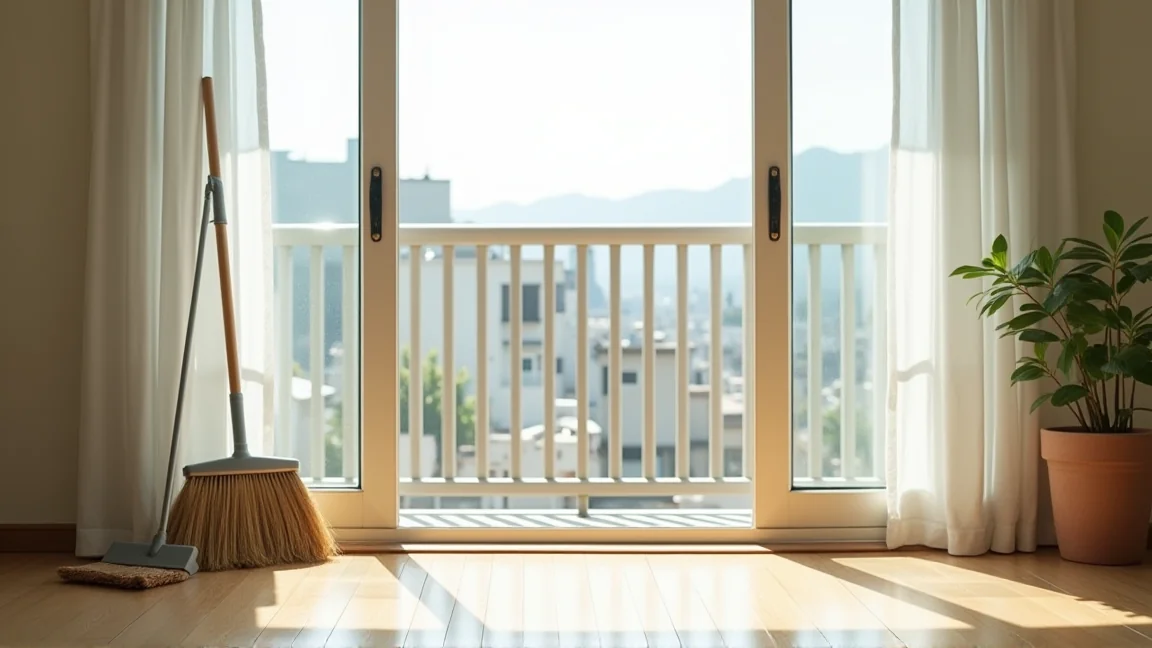 掃除を終えた清潔なマンションのベランダ