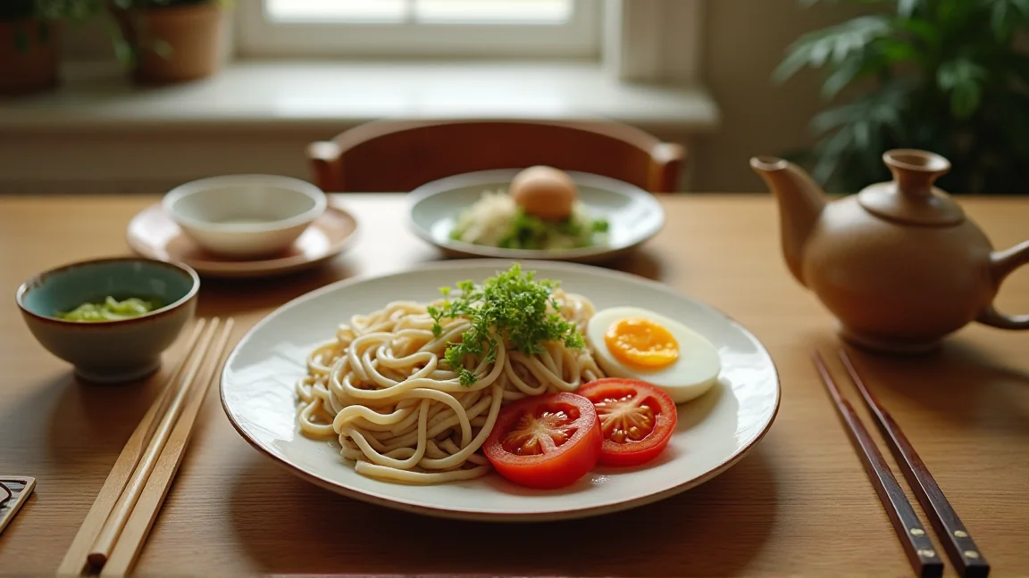 木のテーブルに並んだ和風の昼ごはんワンプレート