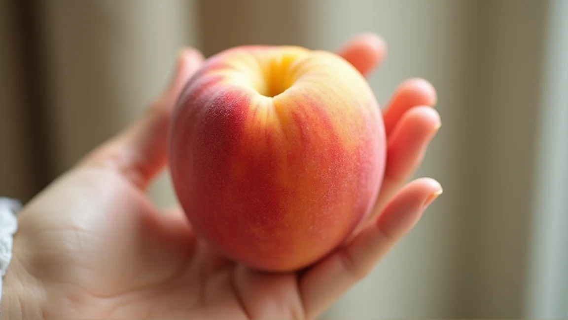 手のひらにやさしく載せた食べ頃の桃のクローズアップ