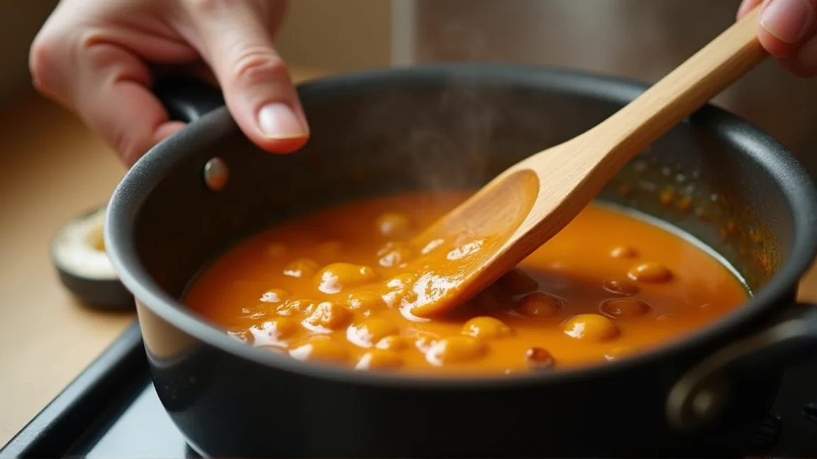とろみのあるカレーの鍋底を木べらですくう手元