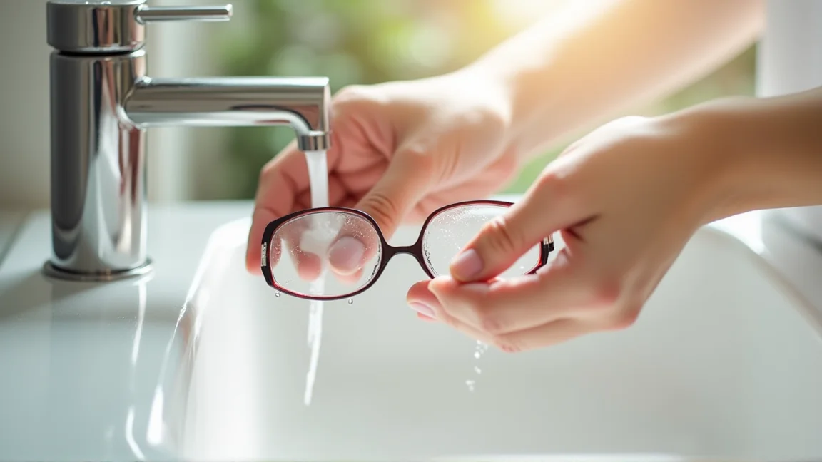 洗面台で中性洗剤と水を使ってメガネを洗っている手元