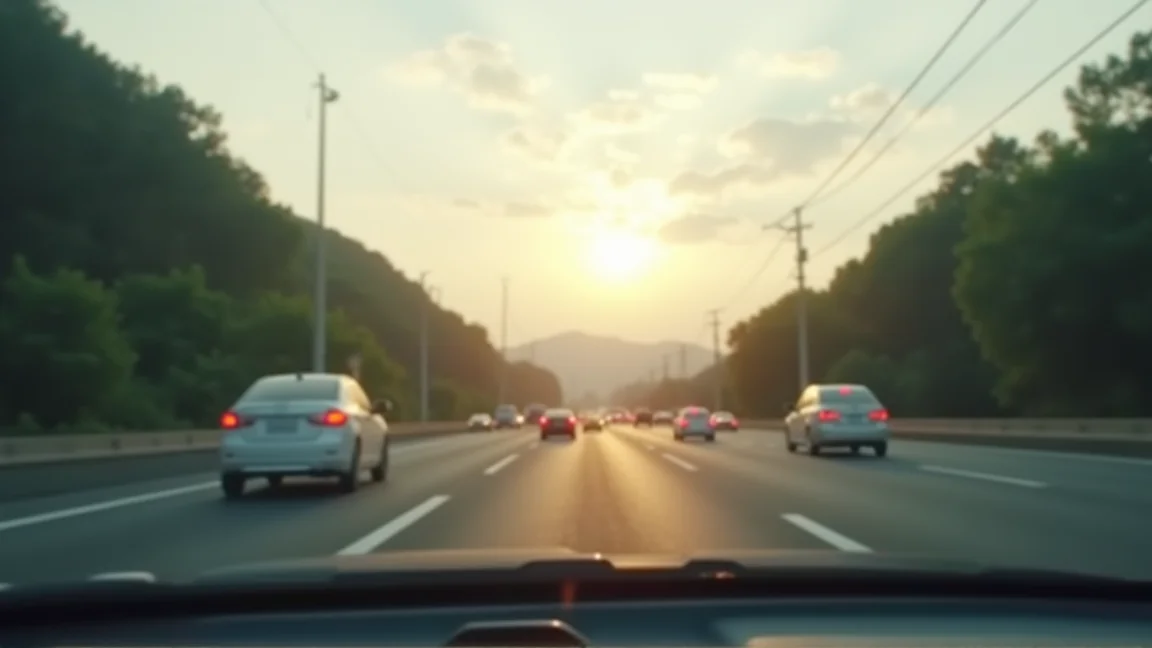 夏の渋滞した幹線道路をフロントガラス越しに見た風景