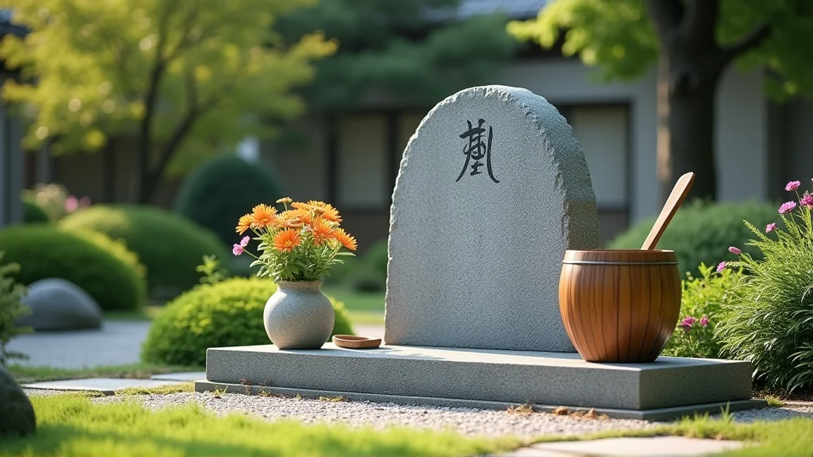 きれいに掃除された和風の墓石と手桶