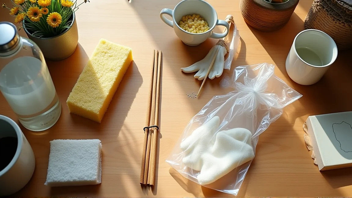 お墓参りの持ち物を並べたテーブル