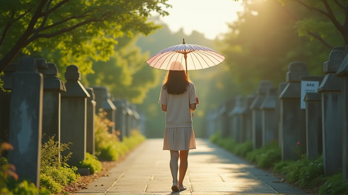 夏のお墓参りで日傘を差す様子