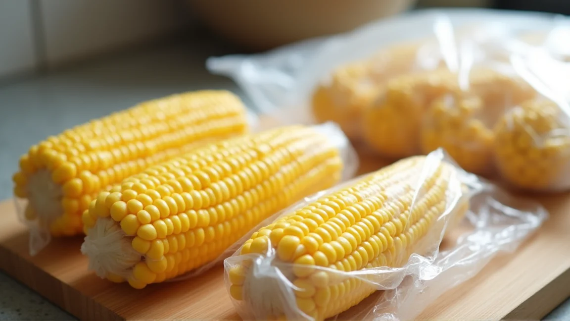 ラップで包んだとうもろこしと保存袋を用意した保存準備の様子