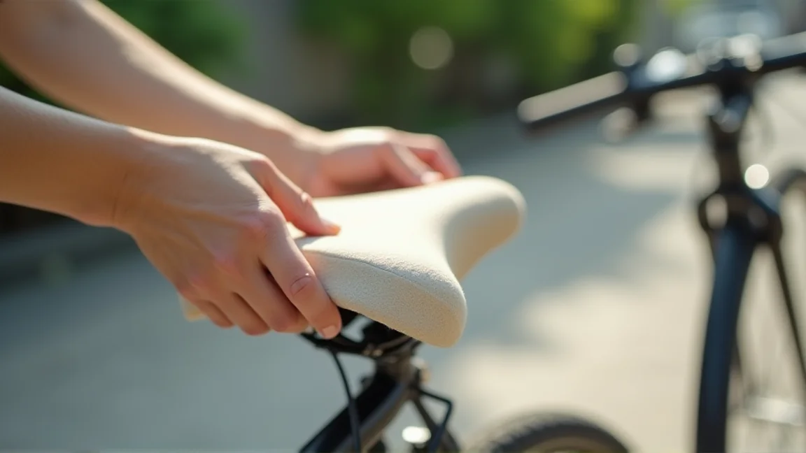 自転車のサドルに白いサドルカバーをかけている様子