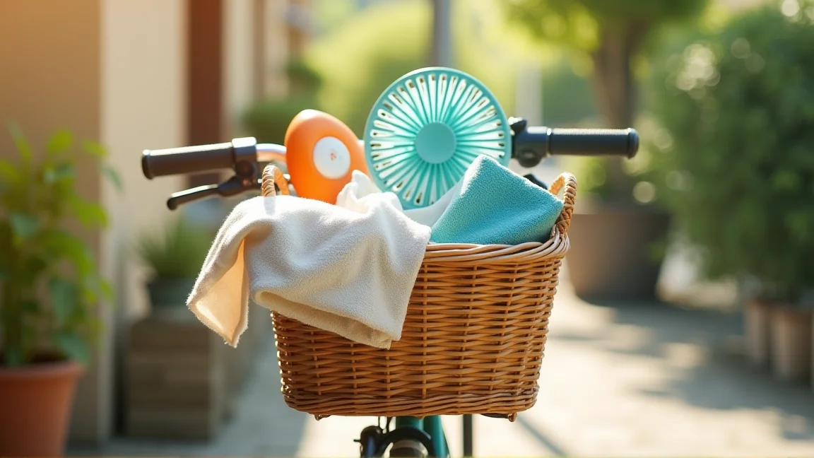 自転車のカゴに保冷剤やハンディファンなど夏の暑さ対策グッズが入っている様子