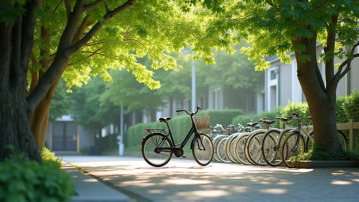 木陰の駐輪場に停められた自転車と夏の木漏れ日