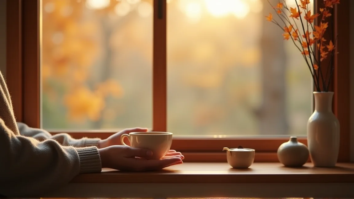 秋の窓辺で温かいお茶を持ち一息つく穏やかな暮らしの様子