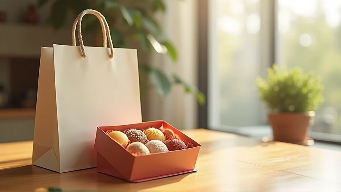 和菓子の手土産の箱と紙袋をテーブルに置いた様子