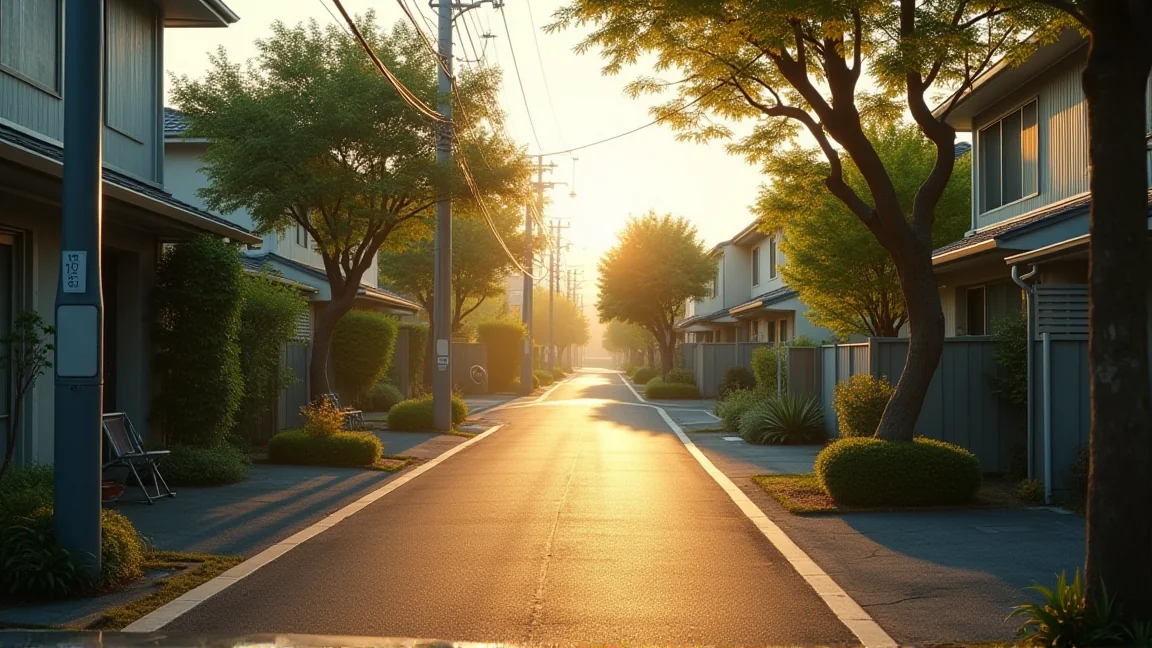 早朝の住宅街の散歩道と朝日