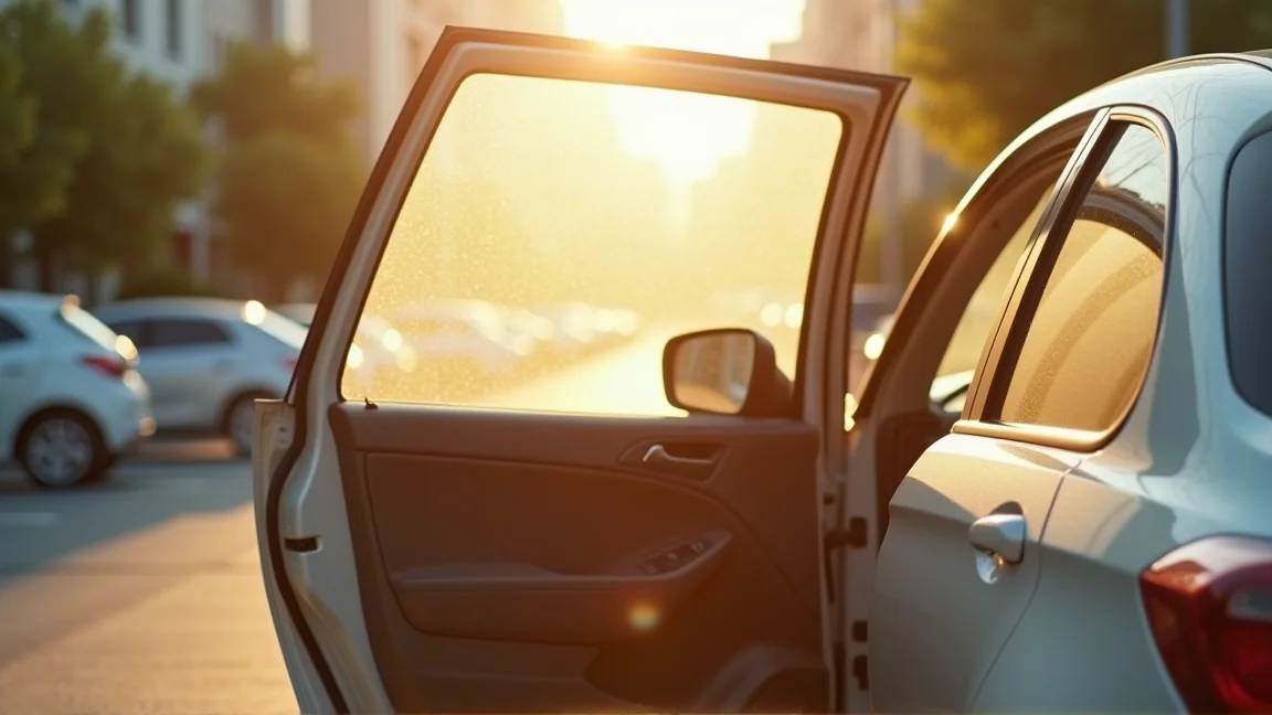 乗車前にドアを開けて車内の熱気を逃がしている駐車場の様子