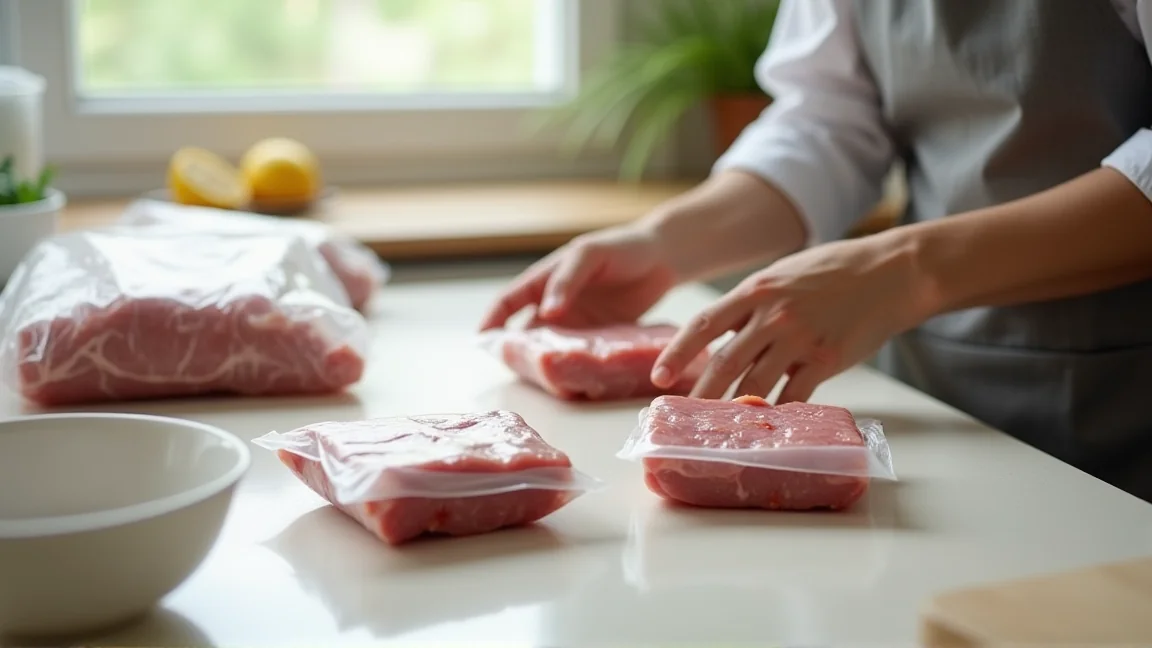 キッチンで焼いた肉を小分けにしてラップで包む手元