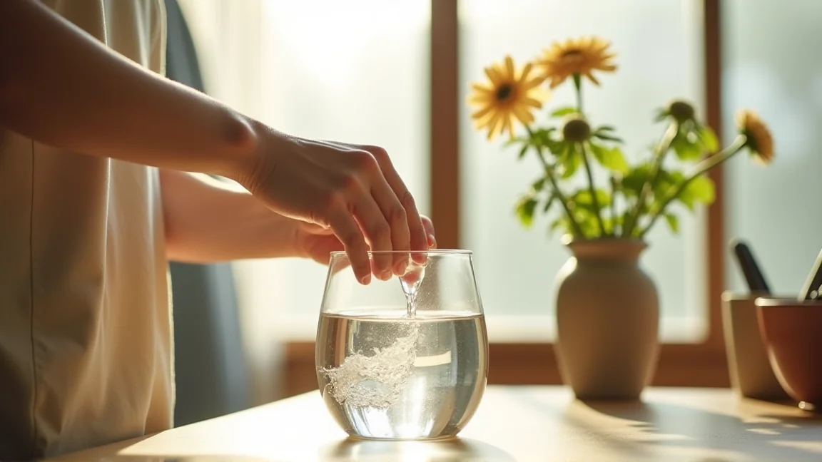 夏の朝、花瓶の水を替える手元