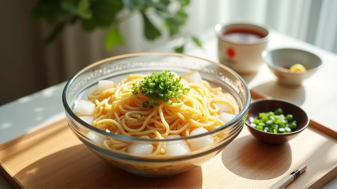 氷を浮かべたそうめんとめんつゆの夏の食卓