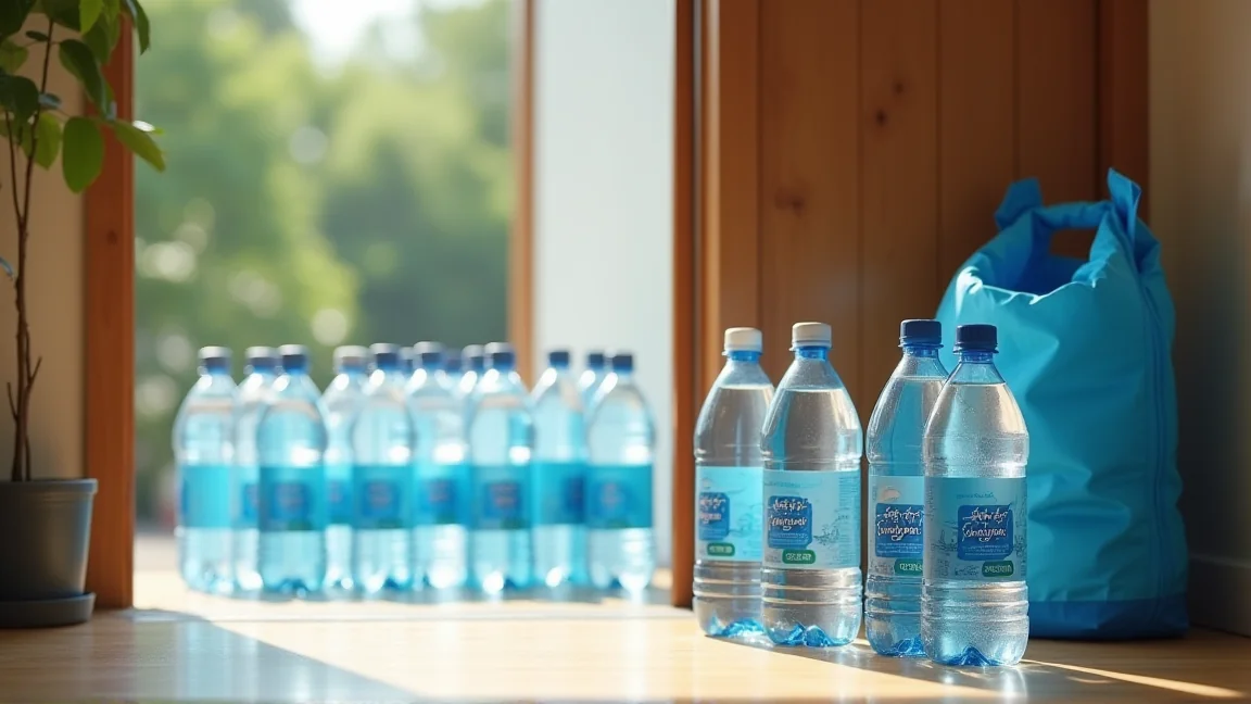 玄関先に並べた防災用の飲料水と給水袋