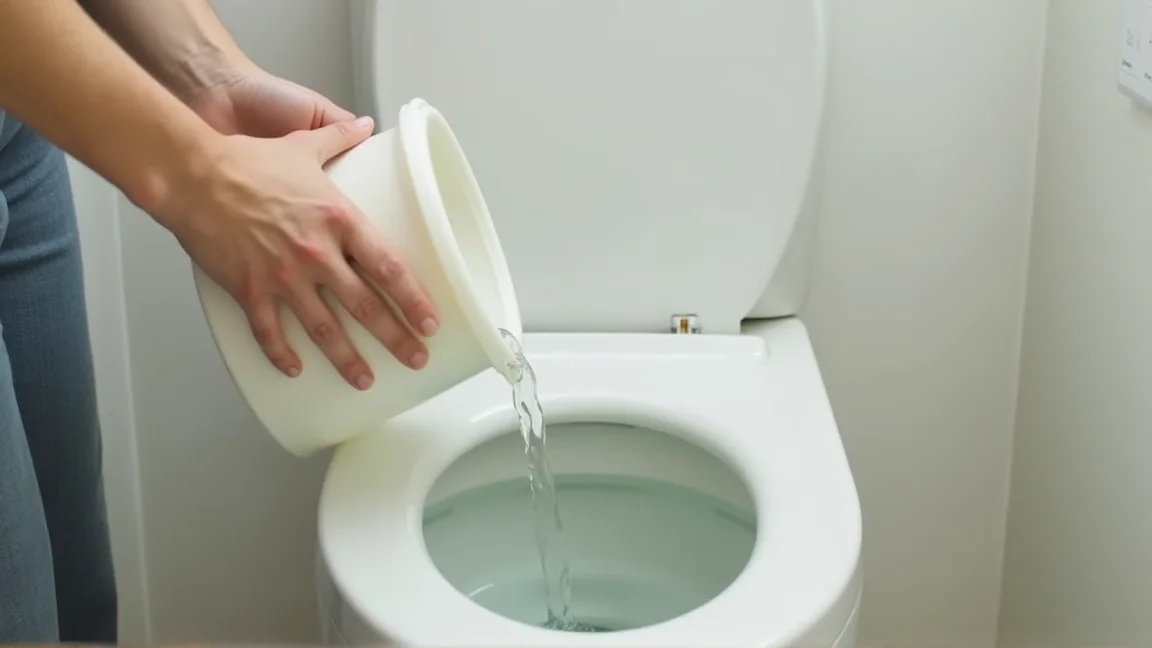 バケツの水を便器に直接流して洗浄する様子