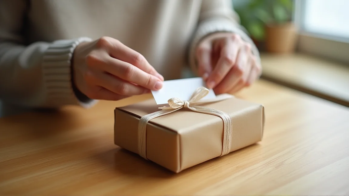 プレゼントにメッセージカードを添える手元