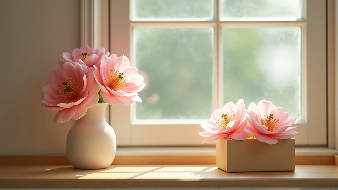 造花とプリザーブドフラワーを箱に収納して保管する様子