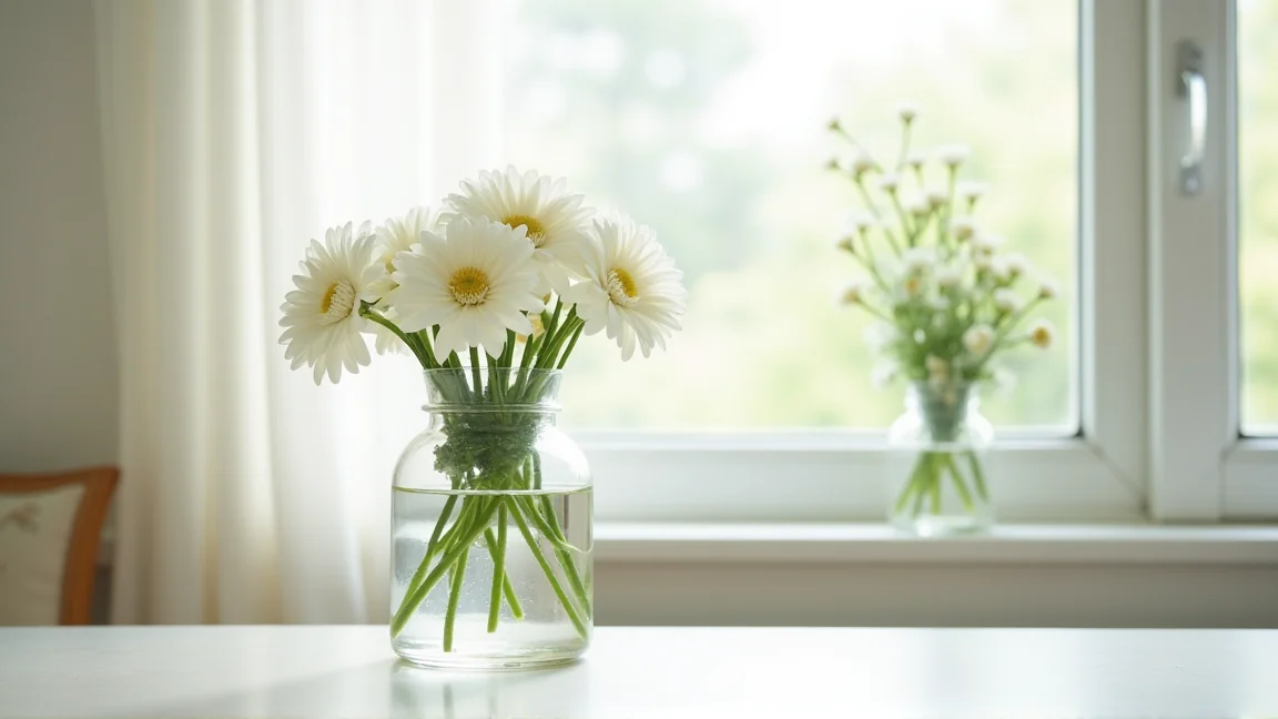 きれいに洗った花瓶と新しい菊の花